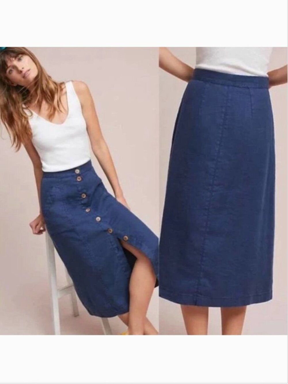 Akemi and Kin Riverine Linen Blend Button Front Midi Skirt